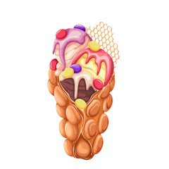 Hong Kong bubble waffle with ice cream vector illustration. Cartoon isolated crispy egg wafer cone with colourful sundae balls, caramel sauce on top and candy, summer dessert and street fast food
