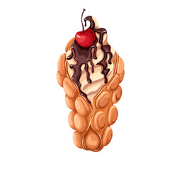 Hong Kong bubble waffle with soft ice cream, melting liquid drops of chocolate sauce and cherry on top vector illustration. Cartoon isolated sweet egg wafer cone with creamy summer delicious dessert