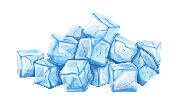 Pile of ice cubes vector illustration. Cartoon isolated cold solid icy transparent blocks, heap of blue crystal freeze pieces to cool drink and food, cocktail and soda water in bar or restaurant