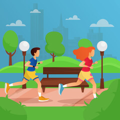 Healthy lifestyle, outdoor physical activity and fitness in a modern metropolis. A girl and a guy run along the path in the city park, flat style illustration.