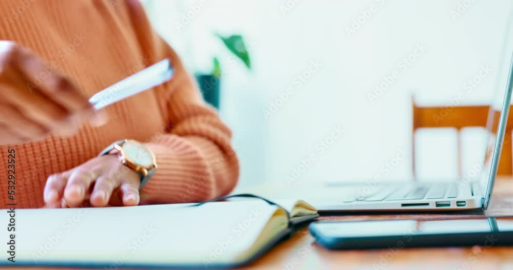 Aufkleber hands typing laptop, writing notebook and online course research, planning ideas and elearning work 