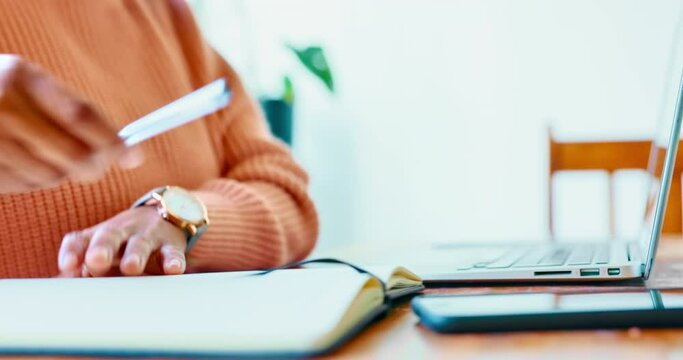 Hands typing laptop, writing notebook and online course research, planning ideas and elearning work from home. Working woman, student schedule and journalist writer on computer, internet and project