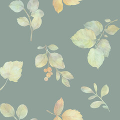 Botanical autumn pattern. Seamless ornament. abstract watercolor leaves on green background.