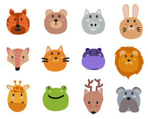 Animals Vector Illustration. Set of Cute Heads Faces Wildlife Characters Animals.