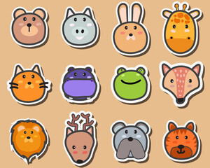 Set of Cute Heads Faces Wildlife Characters Animals. Sticker Animals Vector Illustration. 