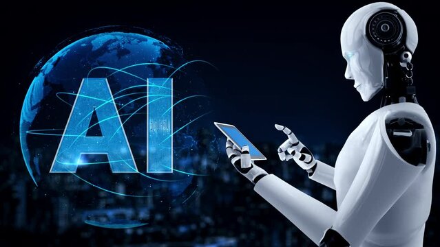 Robot hominoid use mobile phone or tablet in concept of AI thinking brain , artificial intelligence and machine learning process for the 4th fourth industrial revolution . 3D rendering.