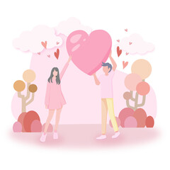 Lovely young couple on abstract pink background with heart, design for Valentine’s Day festival. illustration. Paper craft style.
