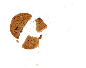 round chocolate chip cookie with crumbs isolated on white background