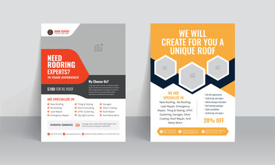 Roofing service flyer brochure cover template and handyman home repair leaflet design with building solution poster layout