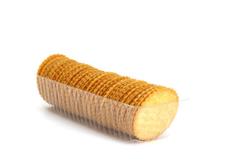 a row of round cracker isolated on white background