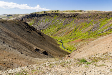 view from above through the valley of  Reykjadalur, Iceland