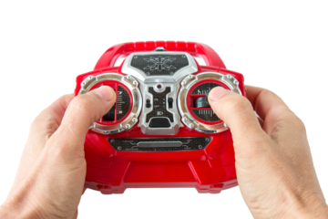 controller, radio control joystick with a toy in hands, on an isolated white background