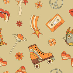 Hippie psychedelic groovy seamless pattern. Retro flowers, butterfly, roller skate, lips, cassette, peace sign. Surreal vector illustration