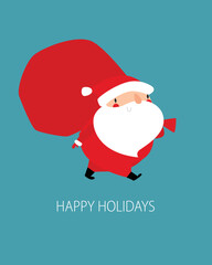 Vector Santa Claus. Cute Santa brings gifts. Cartoon Santa Claus is walking with a bag of gifts. New Year. Christmas. Poster, banner, card, invitation