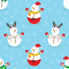 seamless pttern Snowy snowman. Festive and Christmas greeting card. Flat design.