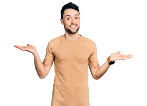 Hispanic man with beard wearing casual t shirt smiling showing both hands open palms, presenting and advertising comparison and balance