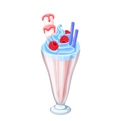 Milkshake with berry vector illustration. Cartoon isolated pink milk drink with whipped blue cream, juicy raspberry decor and drinking straw in glass cone cup, smoothie and summer food for refreshment