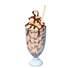 Chocolate milkshake vector illustration. Cartoon isolated iced coffee drink with choco sauce topping, whipped creamy milk or soft brown ice cream and drinking straw in glass, dairy sweet food