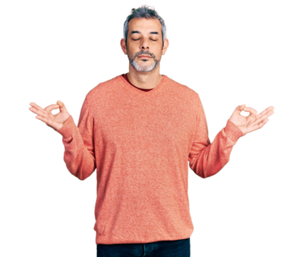 Middle age hispanic with grey hair wearing casual sweater relax and smiling with eyes closed doing meditation gesture with fingers. yoga concept.