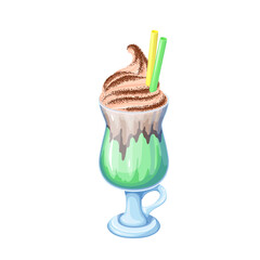 Green milkshake with chocolate ice cream vector illustration. Cartoon isolated milk drink with choco drips of sauce, soft sundae and cocoa powder on top of beverage, drinking straw in glass cup