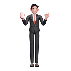 Fototapeta premium businessman in black formal suit holding phone and showing ok finger, 3d illustration of businessman using phone