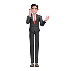 businessman in black formal suit make a call with a cell phone with open hand gesture, 3d illustration of businessman using phone