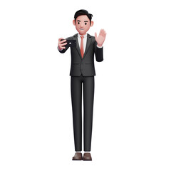 businessman in black formal suit make video calls and waving hand, 3d illustration of businessman using phone