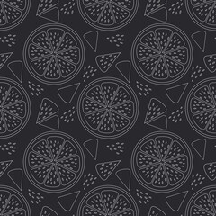Citrus slices of lemon, orange with white outline on a black background. Seamless cute modern pattern. 