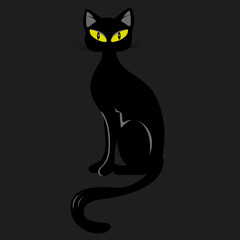 black cat with yellow eyes in a dark room