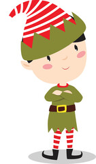 Cute Christmas elf. Santa's helper. Сartoon character. Elf boy. A boy in an elf costume. New Year card. - 532927336