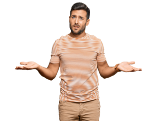 Handsome hispanic man wearing casual clothes clueless and confused with open arms, no idea concept.