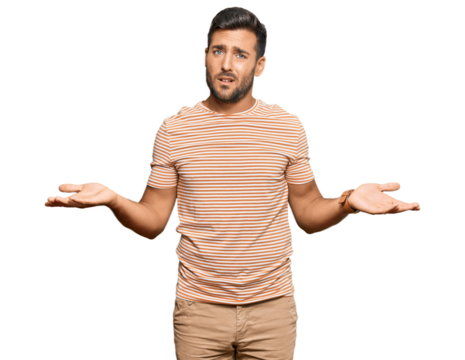 Handsome hispanic man wearing casual clothes clueless and confused with open arms, no idea concept.