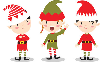 Elf set. Elf girl. Elf boy. Children dressed as elves. Helpers of Santa Claus. New Year Christmas. Card with cute elves. Greeting card, invitation. - 532927982