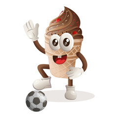 Cute ice cream mascot play football, soccer ball