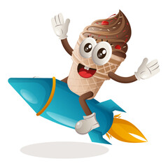 Cute ice cream mascot flying on rocket
