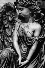 Death concept. Beautiful angel as symbol of pain, fear and end of life. Black and white image. Vertical image.