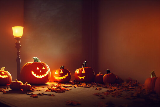 Happy halloween, pumpkins and autumn leaves with light lamp for decorated, 3d rendering