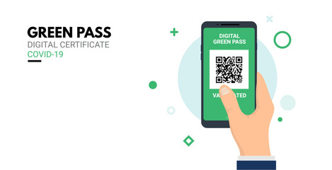 Green pass phone corona vaccine certificate approval digital background. Cell Europe corona pass qr smartphone scan certificate.