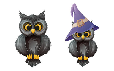 Cute owl with big eyes with and without sorcery purple hat. Symbol of wisdom and night. Cartoon vector illustration of a bird.