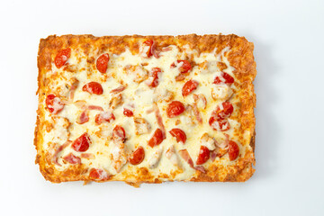 Detroit pizza on a light background.