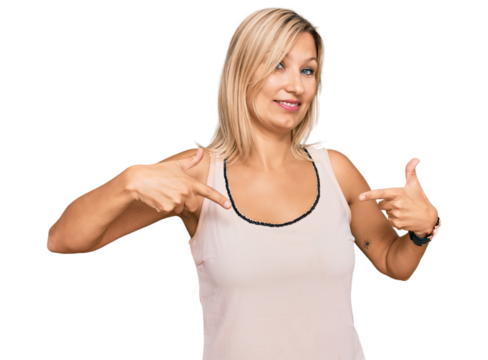 Middle age caucasian woman wearing casual clothes looking confident with smile on face, pointing oneself with fingers proud and happy.