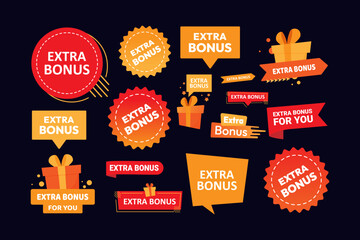 Extra Bonus Label for promo design. Extra bonus label, sticker or tag with gift box icon. Sale and promotion design element with free prize.