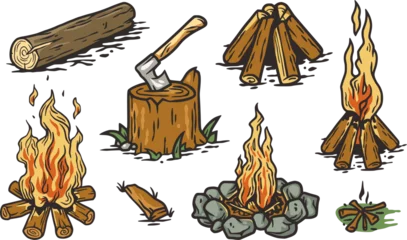  Campfire or bonfire outdoor for camping adventure. Stump with an ax. Nature outdoor recreation, forest explore © Casoalfonso