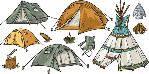Tent for outside camping adventure. Camping tent for forest nature explore - obrazy, fototapety, plakaty