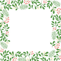 Square winter frame with mistletoe, twigs and berries. Template for Christmas greeting card, invitation, poster, banner. 