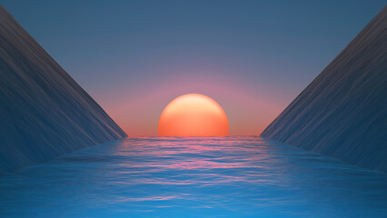 geometric surreal seascape with sunset