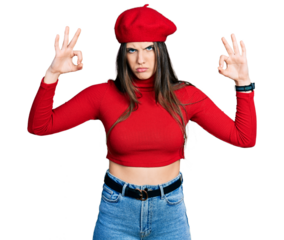 Young brunette teenager doing excellent gesture with hand skeptic and nervous, frowning upset because of problem. negative person.