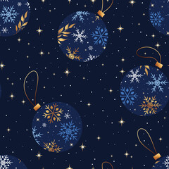 Obraz na płótnie Canvas Seamless pattern with Christmas balls and stars in blue, gold and white. Perfect for wallpaper, gift paper, pattern fills, textile, Christmas and New Year greetings cards.
