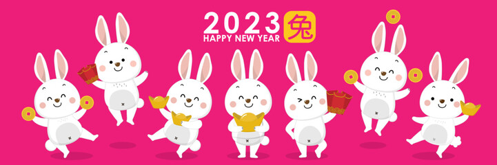 Happy Chinese new year greeting card 2023 with cute rabbit in red costume with wealth gold money. Animal holidays cartoon character. Translate: Rabbit. -Vector