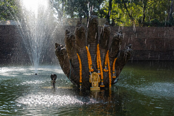 Mujarin Naga statue in the sacred pond at Wat Phra That Bung Puan, Nong Khai province, Esan regions...